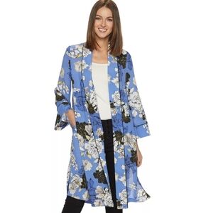 Kimono Duster Blue White Floral Top Jennifer Lopez Open Front Robe XL Beach